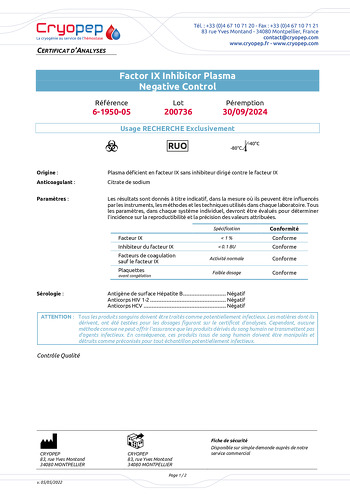 Certificat d'analyses Factor IX Inhibitor Plasma Negative Control